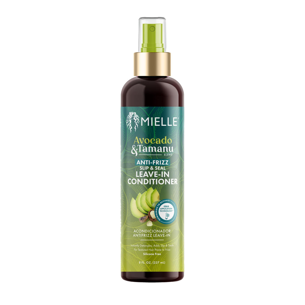 Mielle Avocado & Tamanu Leave-In Spray on damp hair for easy detangling and slip.