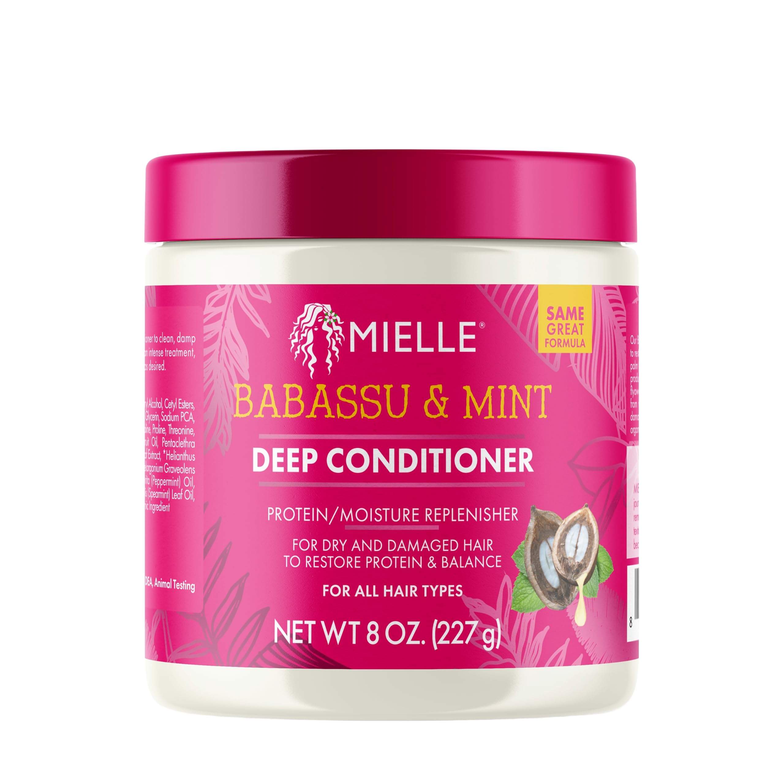Mielle Organics Babassu & Mint Deep Conditioner bottle close-up highlighting hydrating formula.