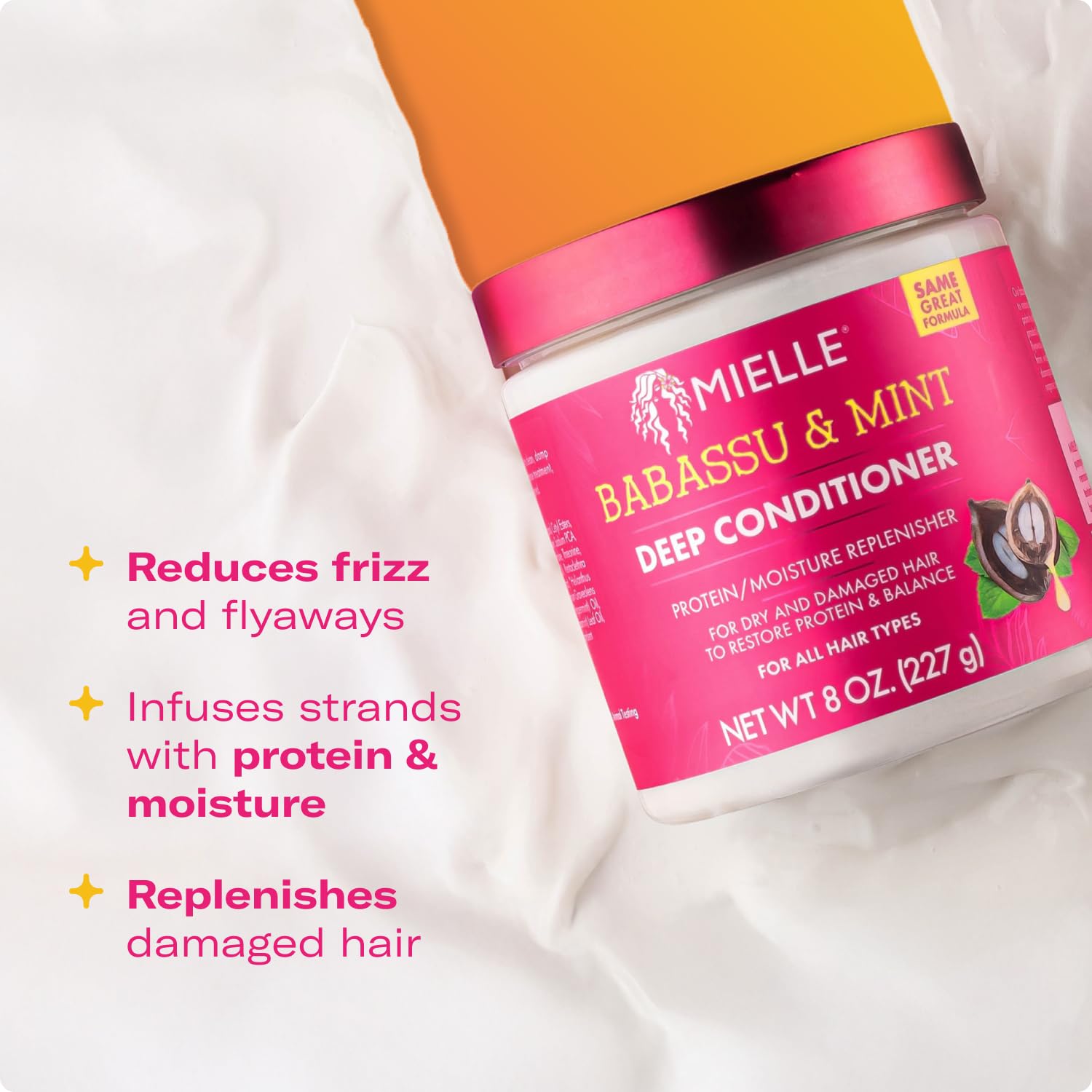 Mielle Organics Babassu & Mint Deep Conditioner texture ready for root-to-tip application.