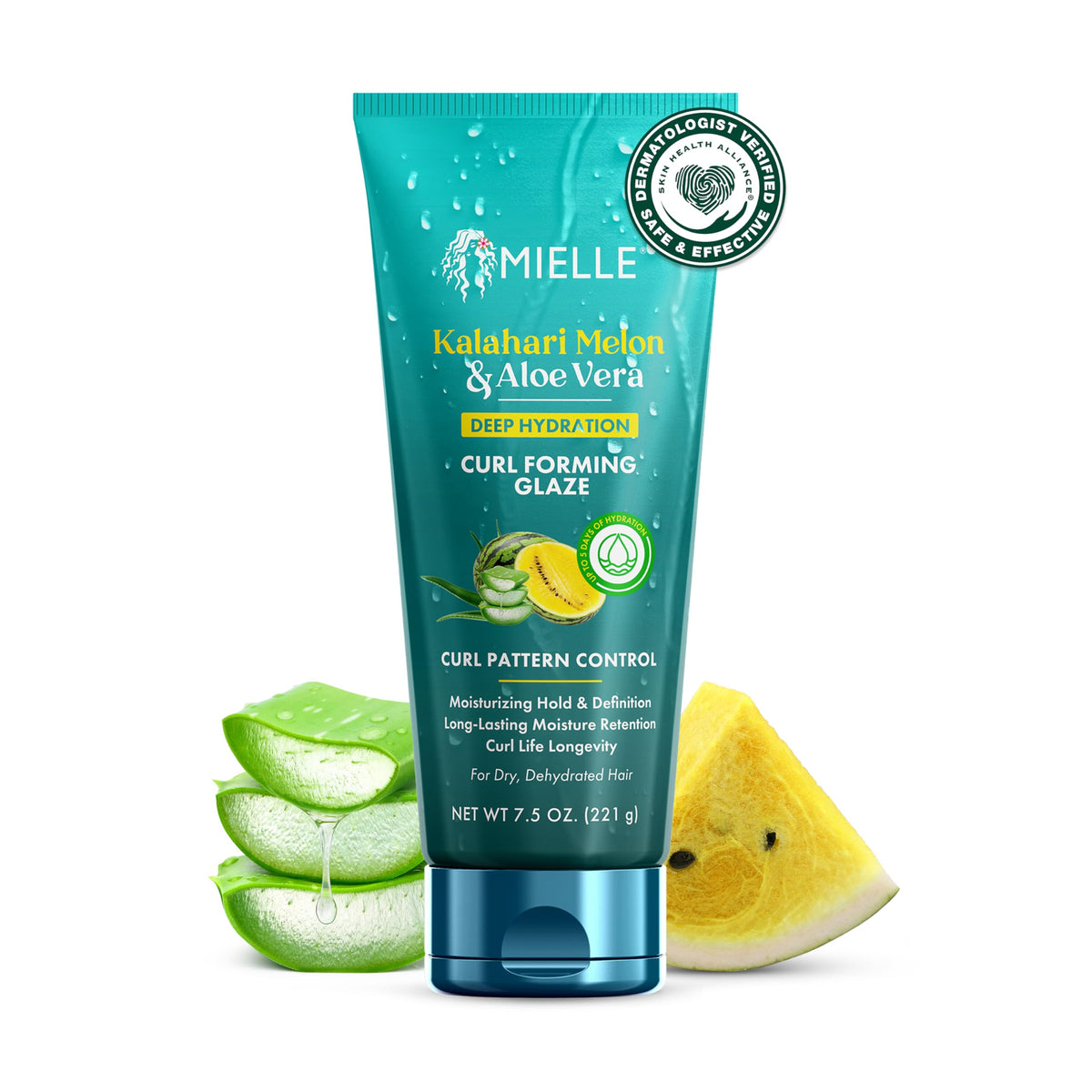 Mielle Curl Forming Glaze bottle front with defined curls and shine.