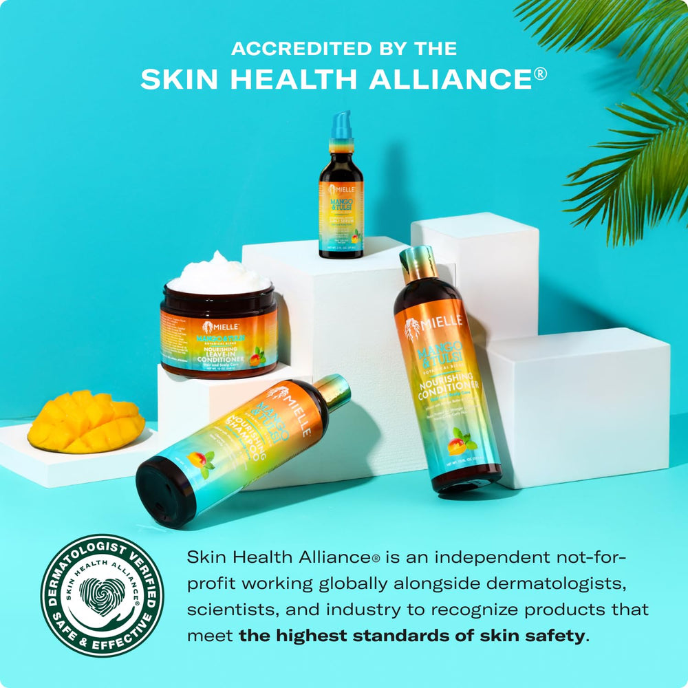 Mielle Mango Tulsi bottle-back label explains vegan, cruelty-free formula