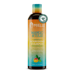 Mielle Mango Tulsi shampoo bottle-front promotes curl hydration and scalp nourishment