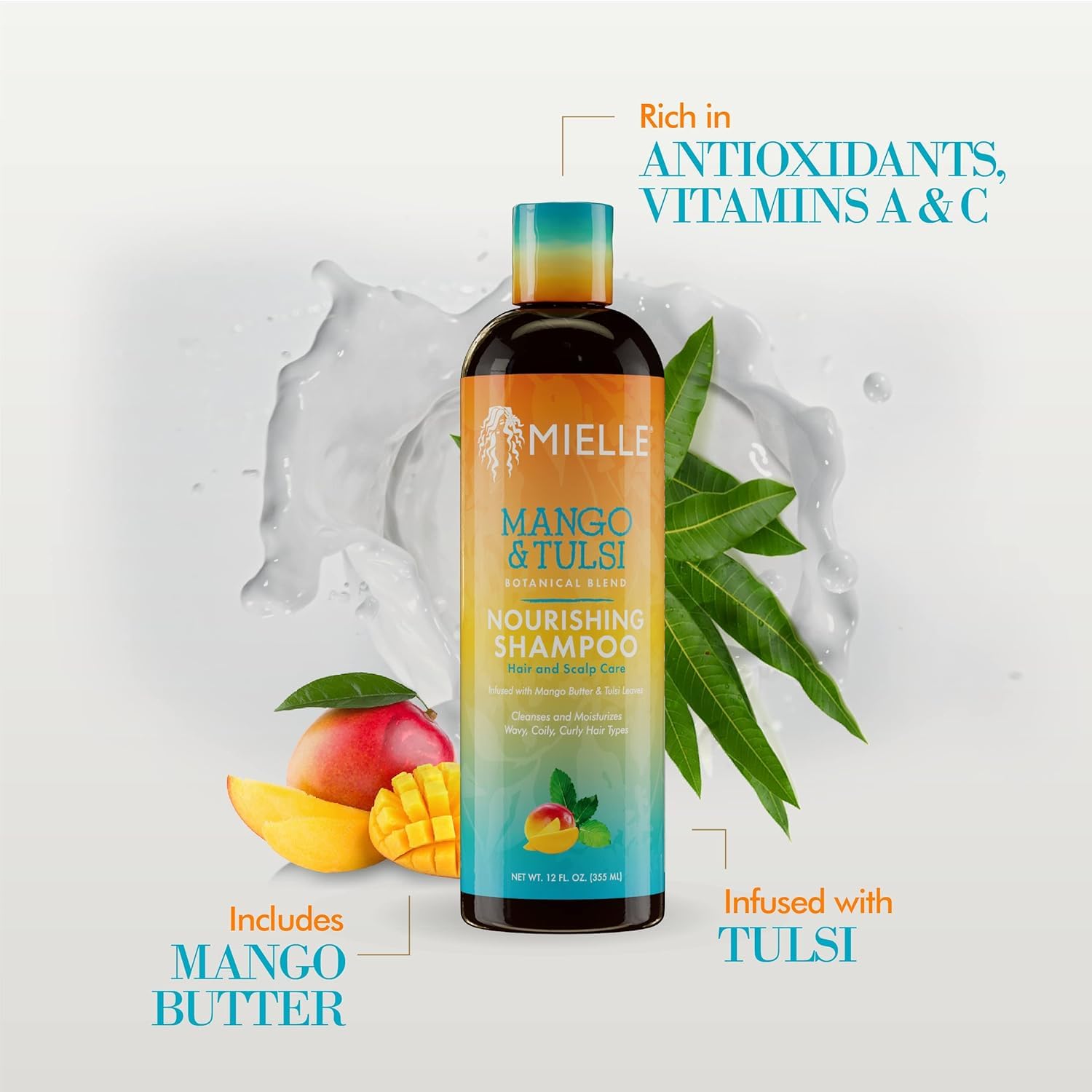 Mielle Mango Tulsi shampoo on curls shows defined, hydrated texture