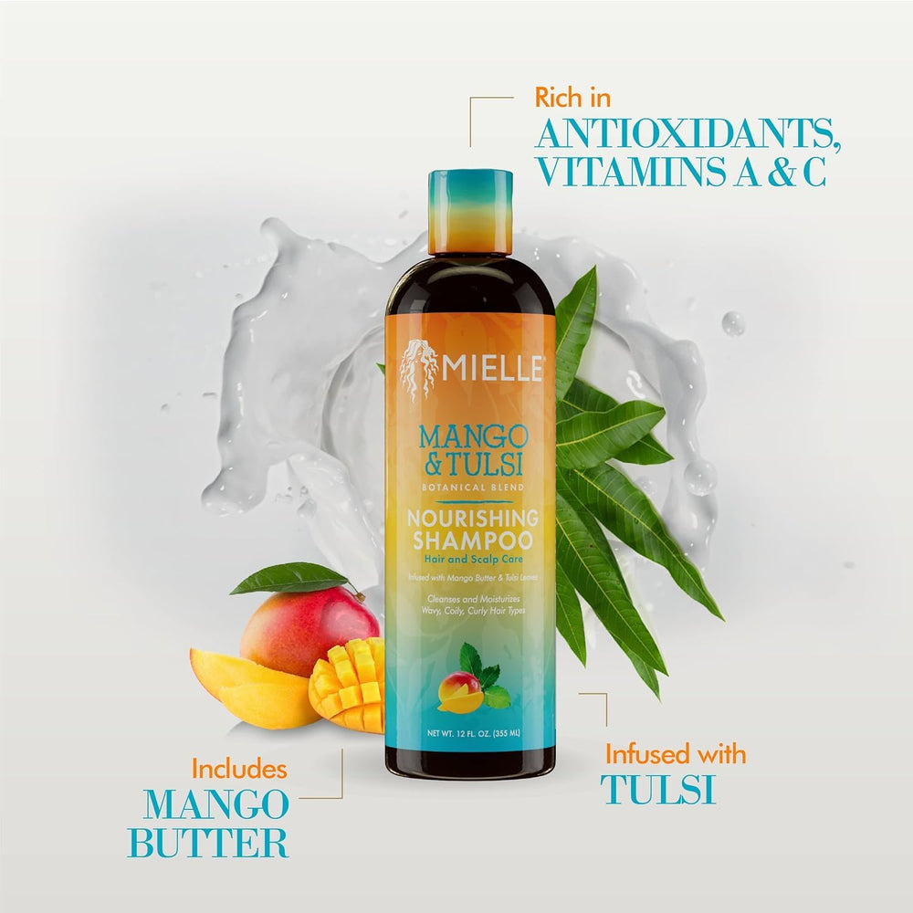 Mielle Mango Tulsi shampoo on curls shows defined, hydrated texture