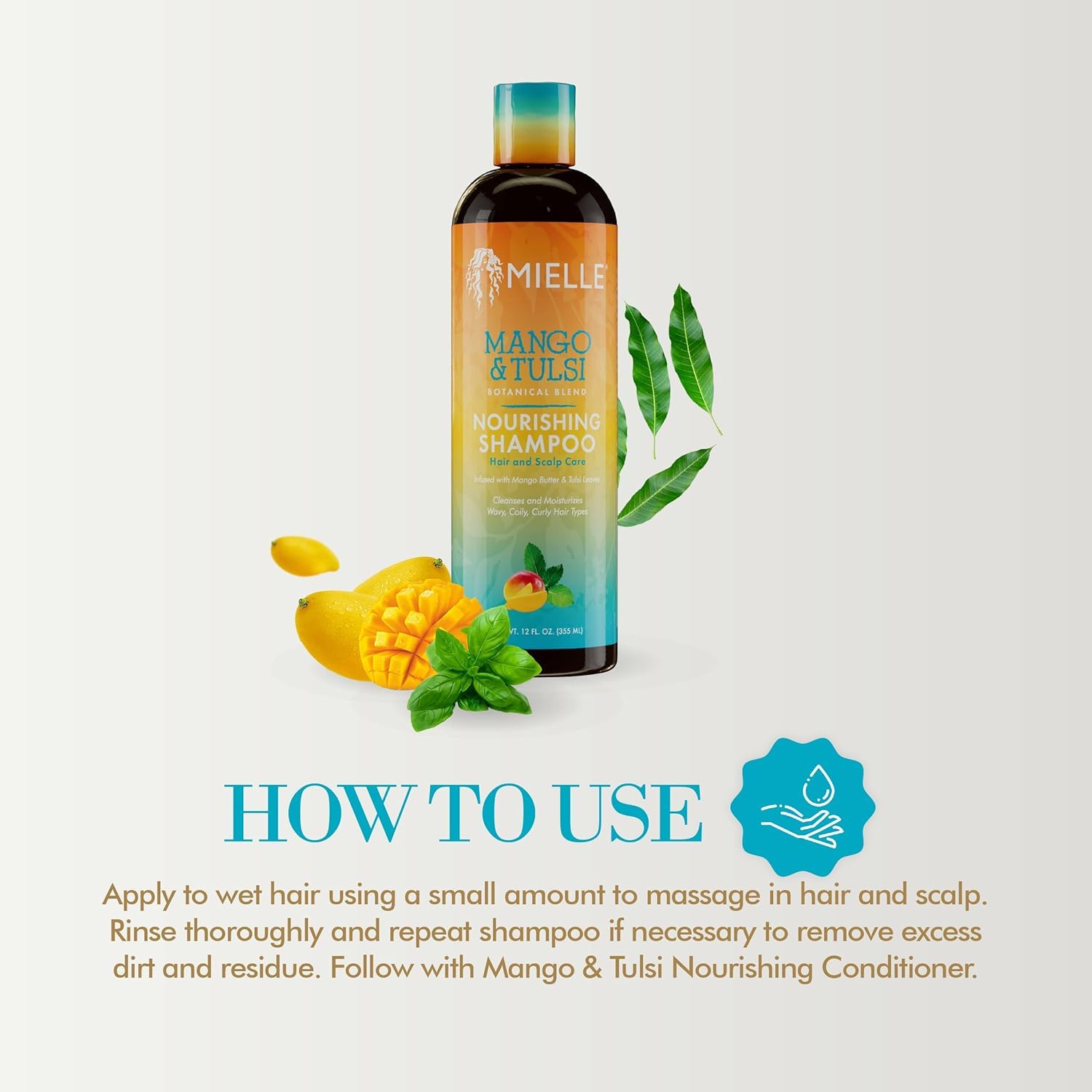 Mielle Mango Tulsi shampoo packaging emphasizes eco-friendly values
