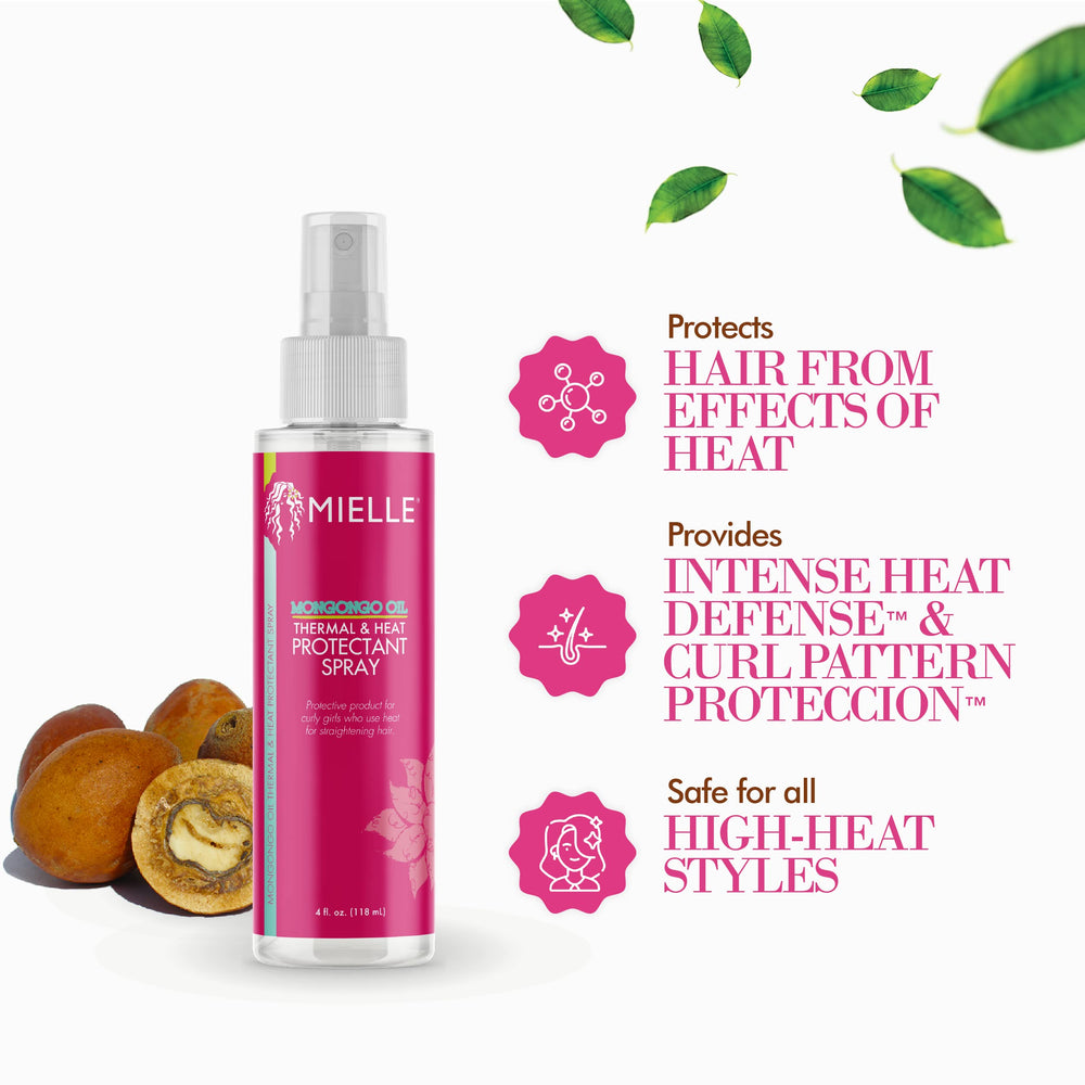 Mielle Mongongo Oil heat protection mist evenly coats hair for styling protection.