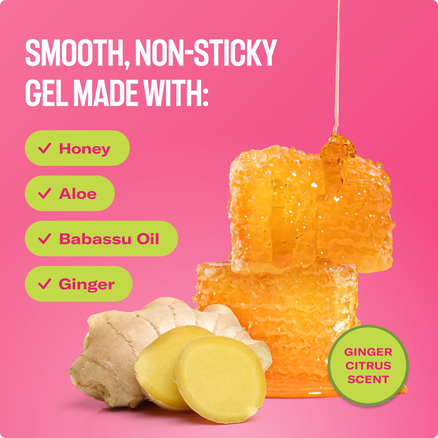 Ingredients of Mielle Organics Honey & Ginger Hair Gel displayed creatively.