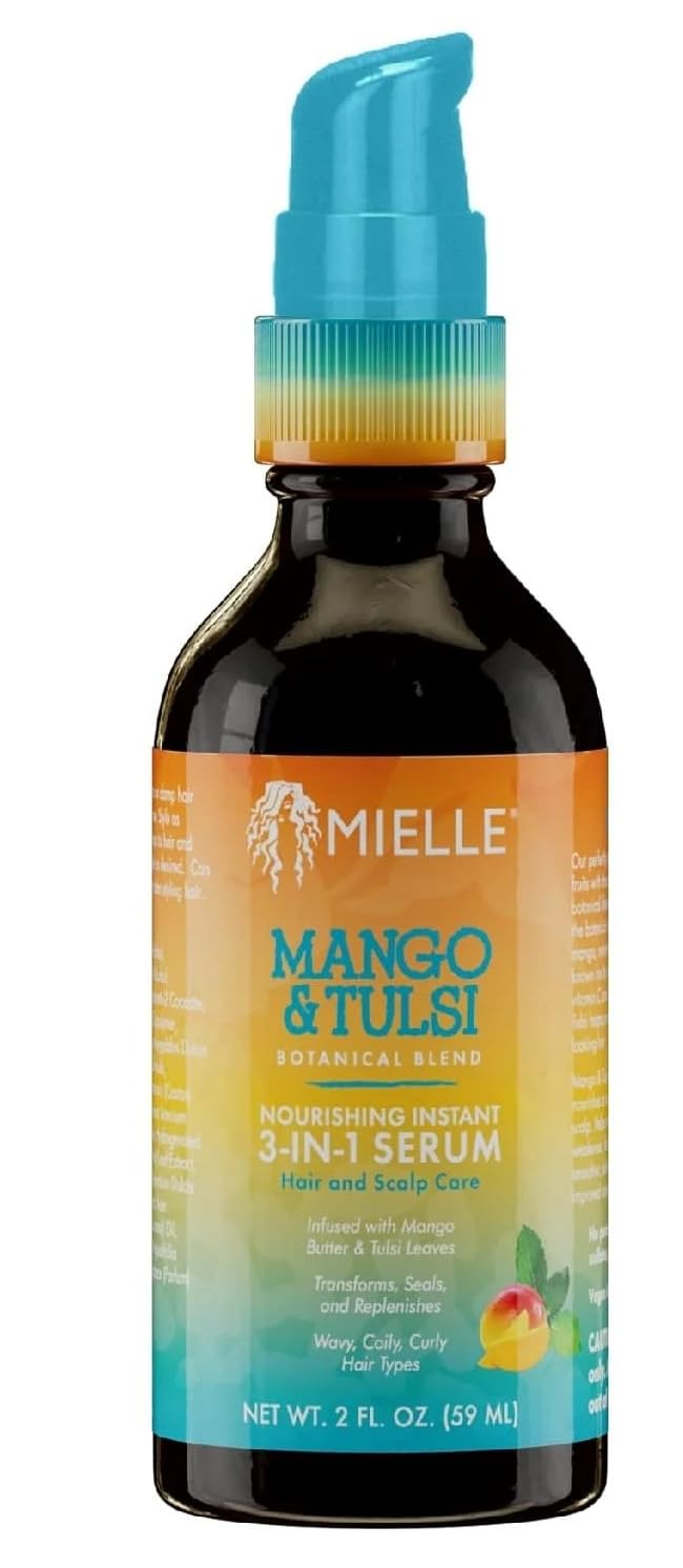 Mielle Organics Mango Tulsi hair serum bottle for frizz control and moisture balance