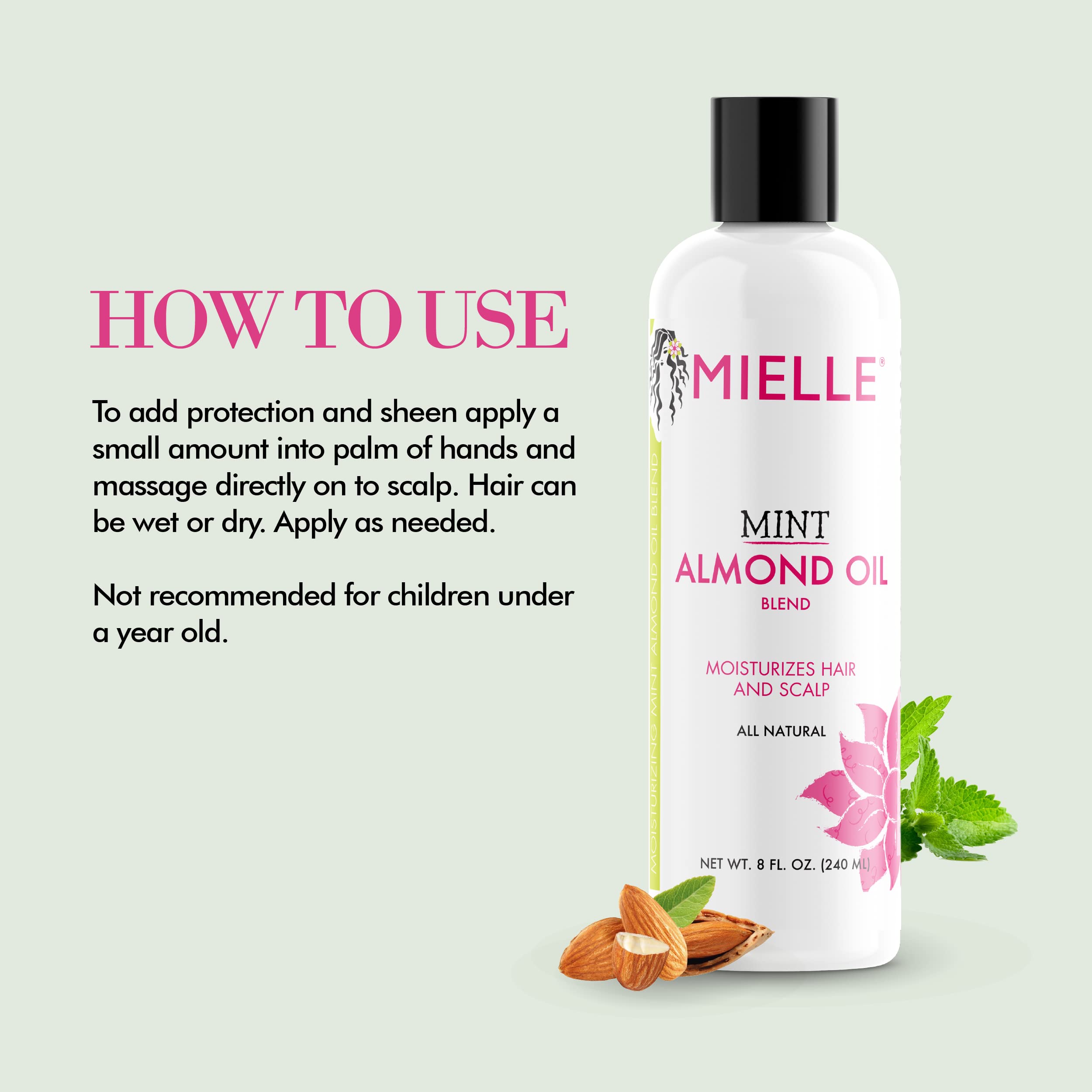 Mielle Organics Mint Almond Oil bottle closeup highlights clean packaging and premium finish