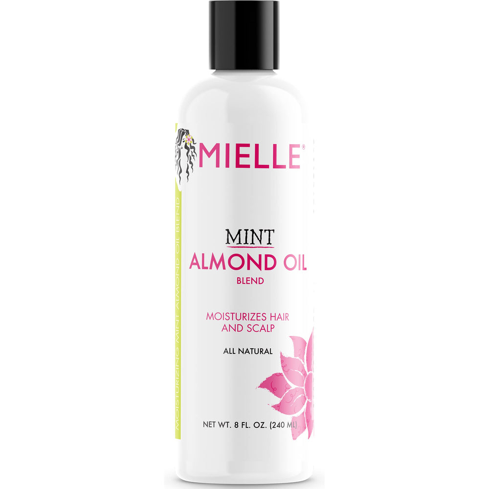 Mielle Organics Mint Almond Oil bottle pour delivers lightweight moisture and scalp care