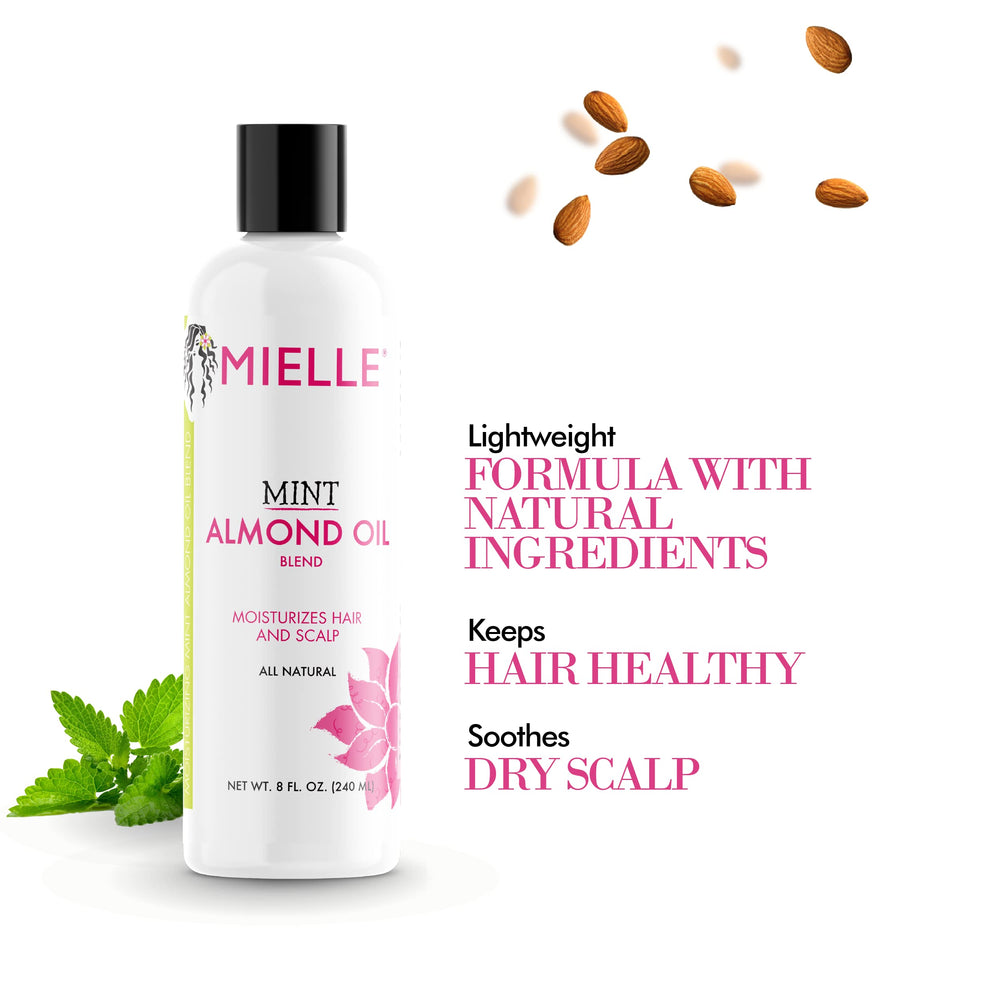 Mielle Organics Mint Almond Oil on-hair use shot emphasizes smooth, manageable strands with lightweight conditioning