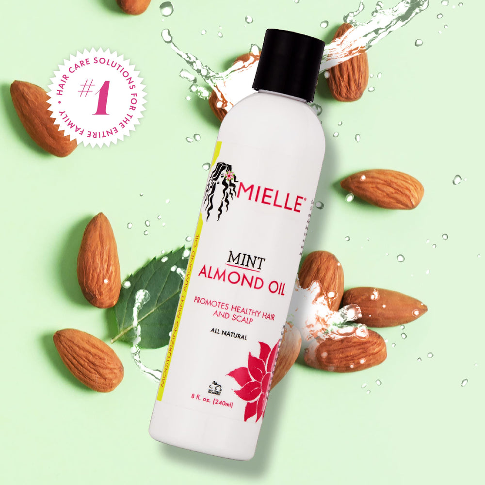 Mint Almond Oil packaging display communicates everyday nourishment for naturally textured hair