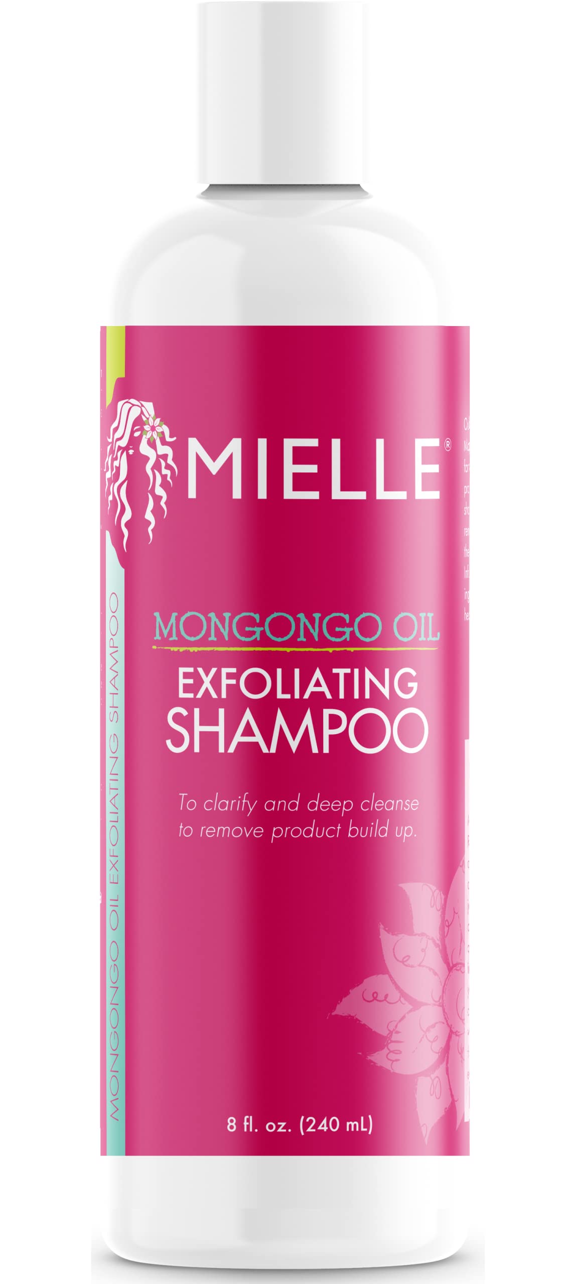 Mielle Organics Mongongo Oil Exfoliating Shampoo bottle shows scalp cleansing and buildup removal.