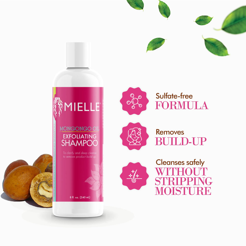 Mielle Organics Exfoliating Shampoo dispensing pump emphasizes easy everyday use.