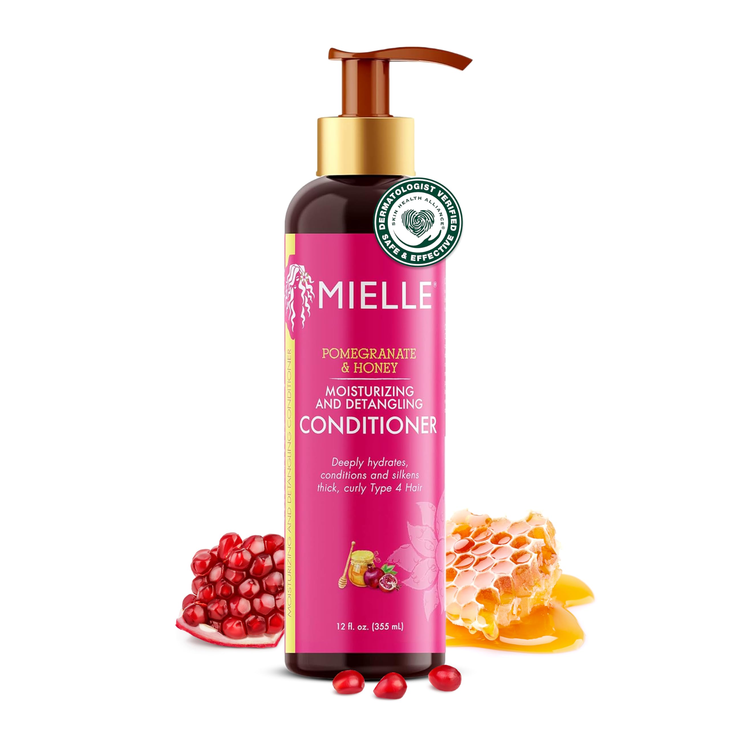 Mielle Organics Pomegranate & Honey conditioner bottle for deep hydration and curl softness.