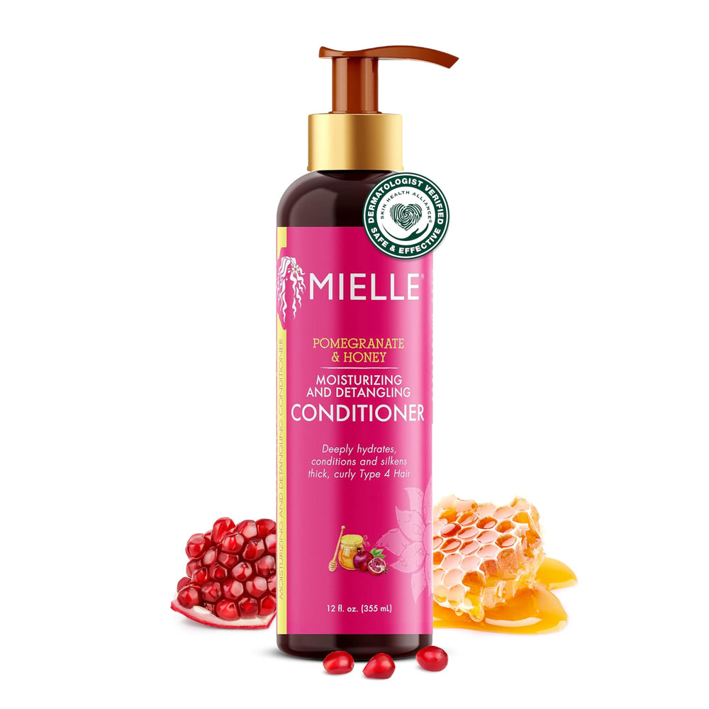 Mielle Organics Pomegranate & Honey conditioner bottle for deep hydration and curl softness.
