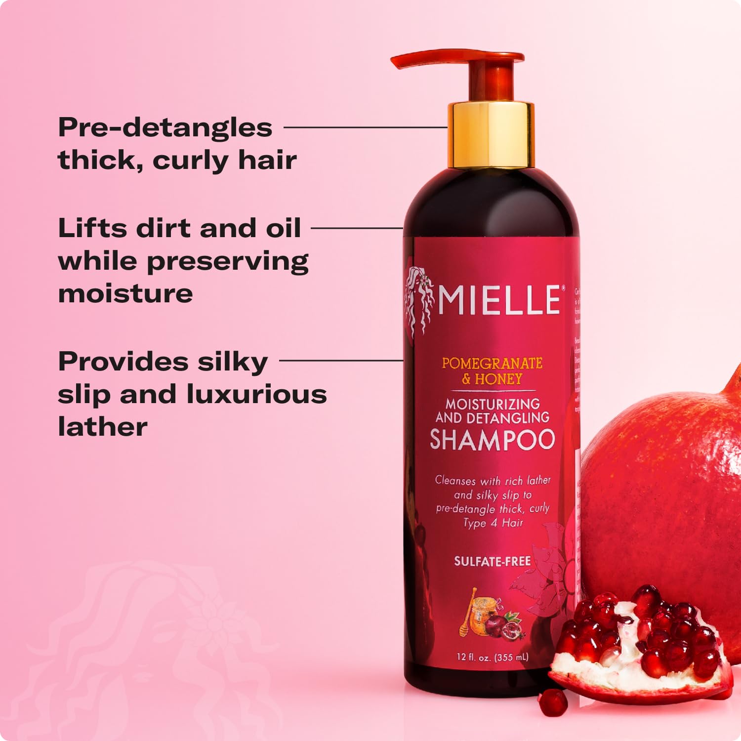 Mielle Organics Pomegranate & Honey detangling shampoo softens hair and eases combing