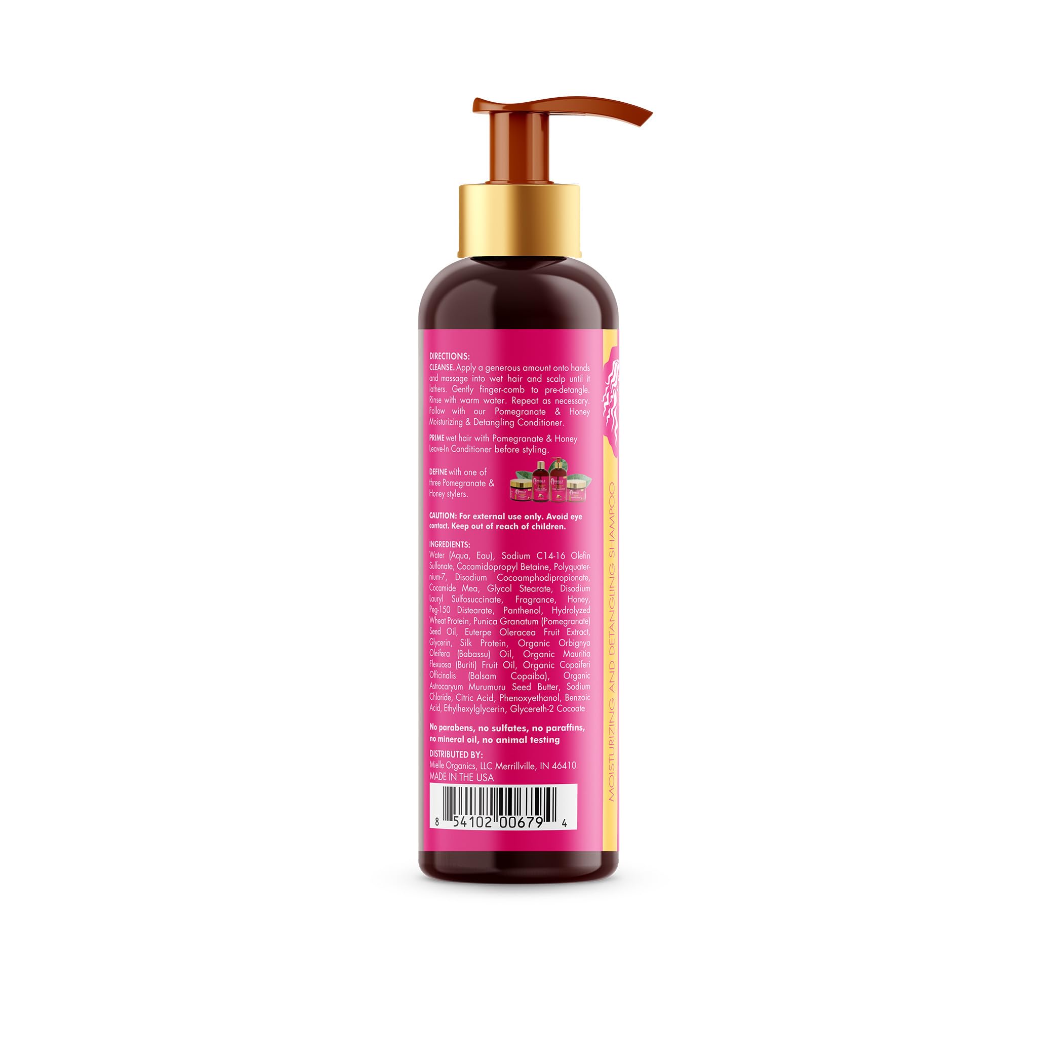 Mielle Organics Pomegranate & Honey bottle with ingredients highlights natural oils