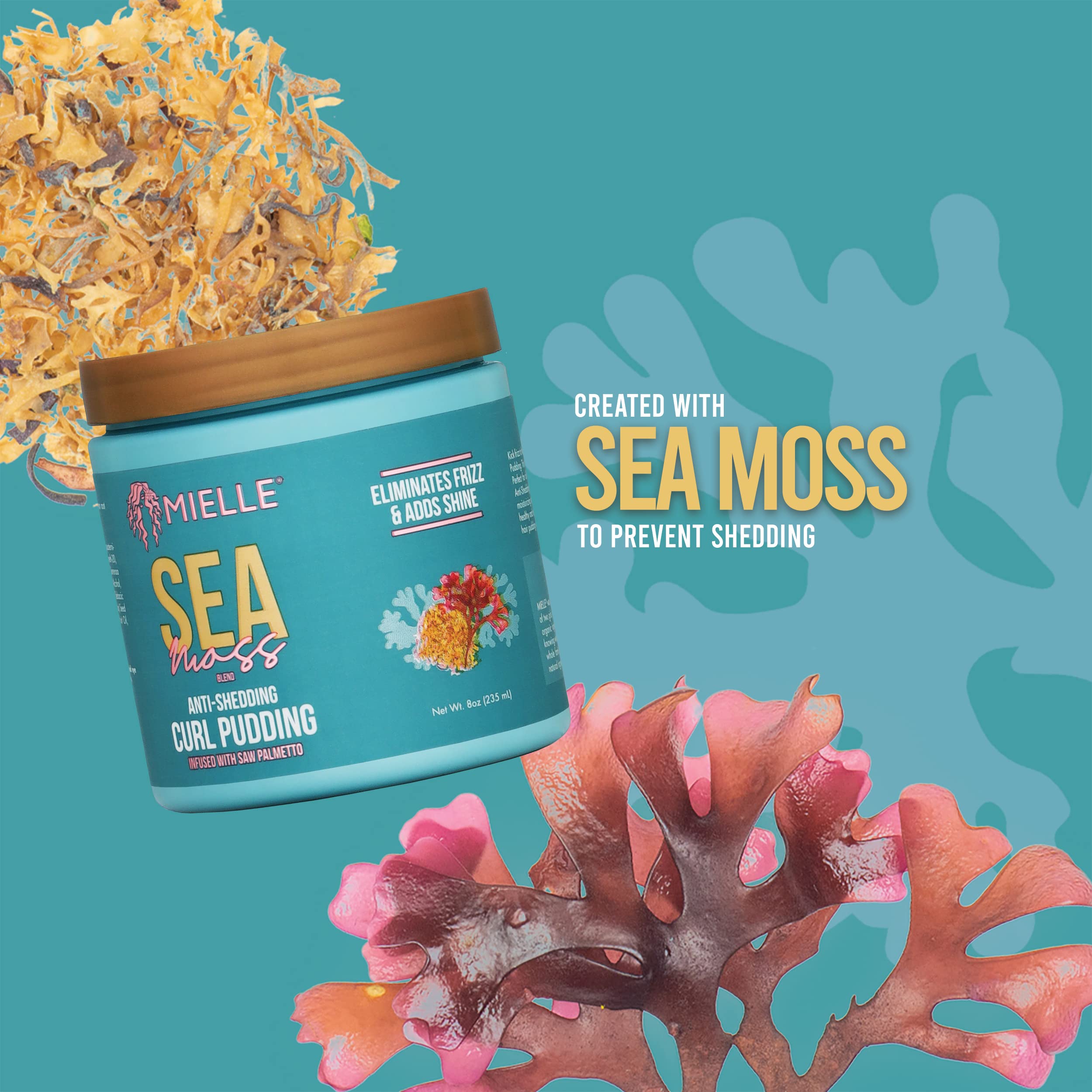Mielle Organics Sea Moss Curl Pudding highlights defined curls and long-lasting hold.