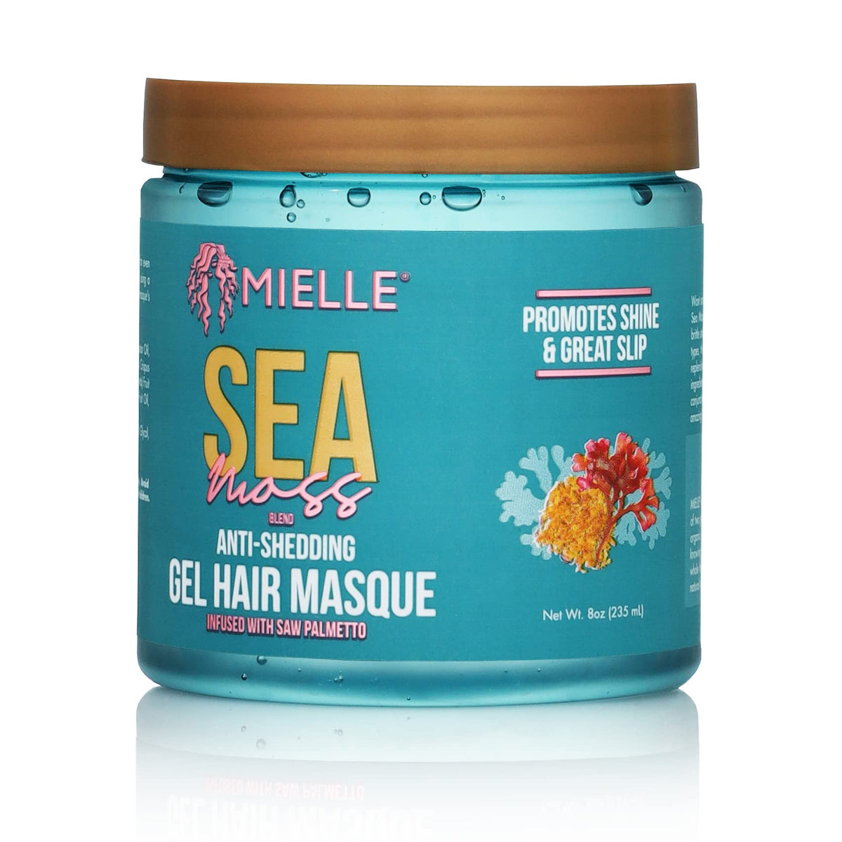 Mielle Organics Sea Moss Gel Masque bottle close-up showing hydrating formula for curls