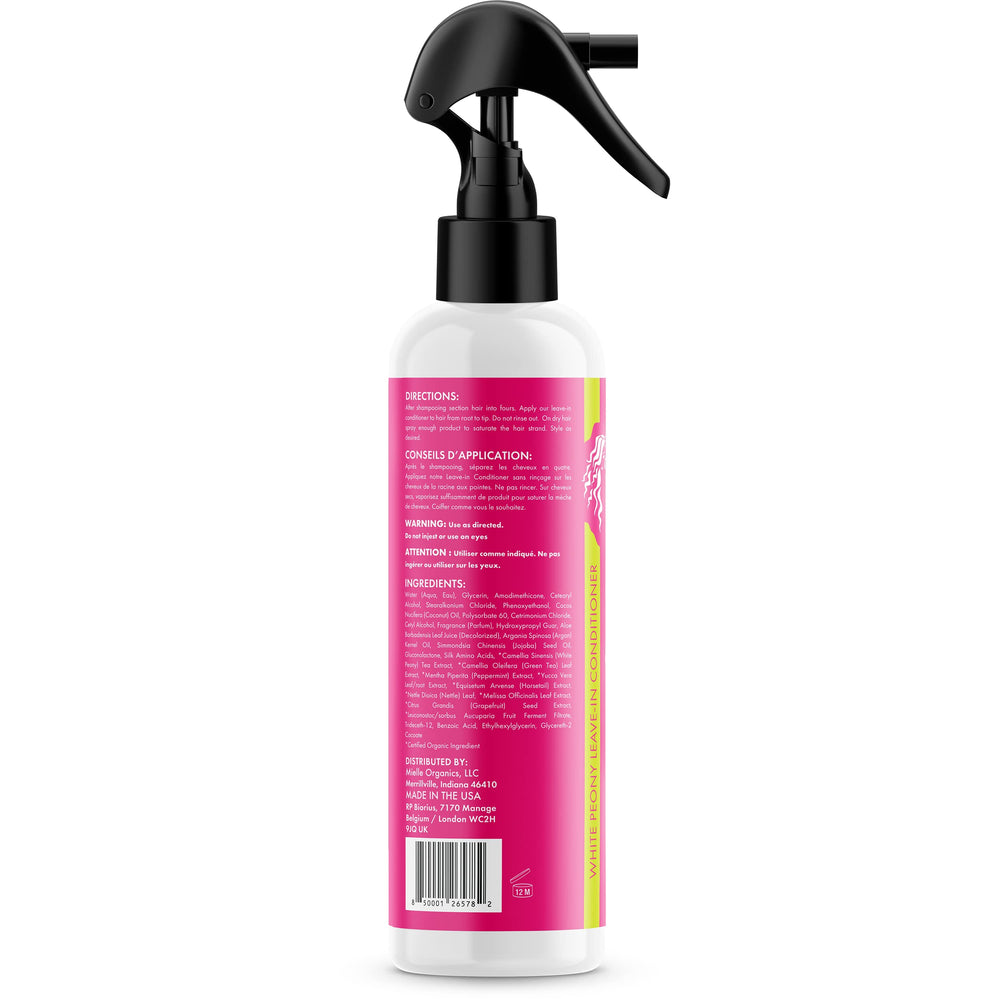 Mielle Organics White Peony Leave-In bottle back highlighting color-safe formula and hydrating ingredients.