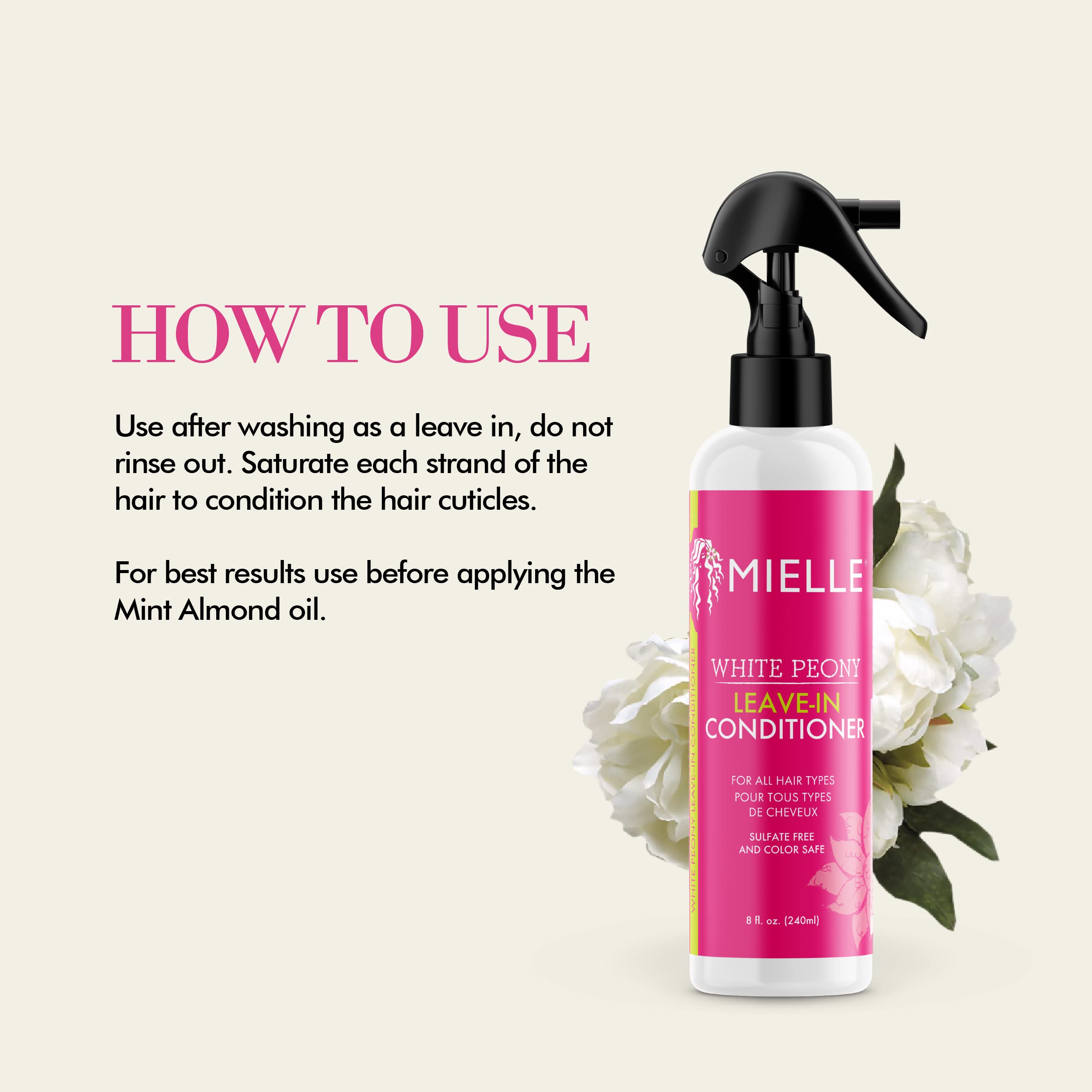 Mielle Organics White Peony Leave-In ingredients like green tea and grapefruit seed supporting hydration.