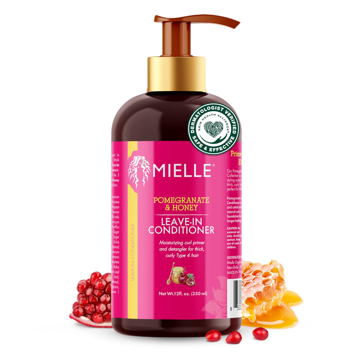 Mielle Pomegranate & Honey leave-in bottle pouring for hydration and frizz control