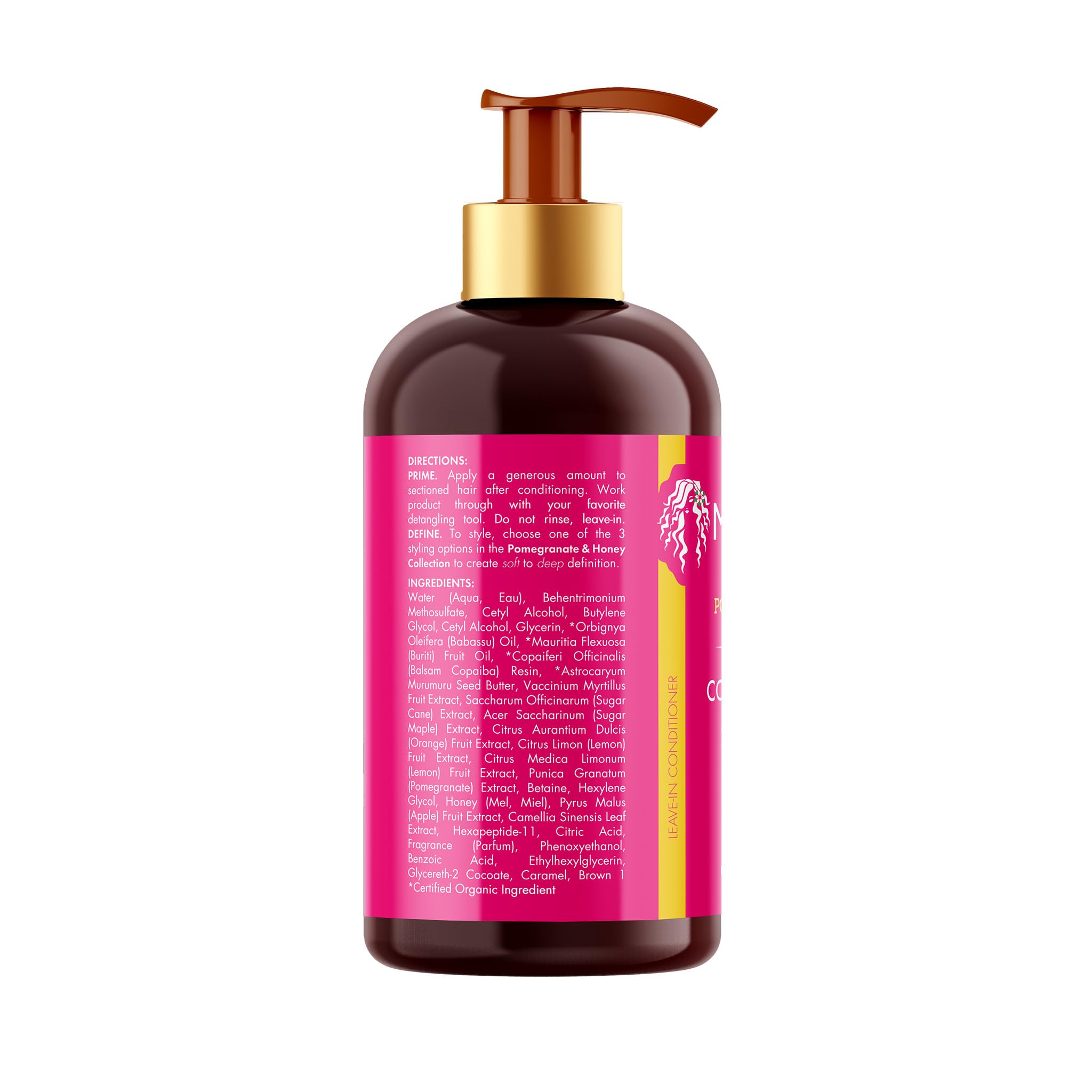 Mielle Pomegranate & Honey leave-in with natural oils icons signaling nourishment