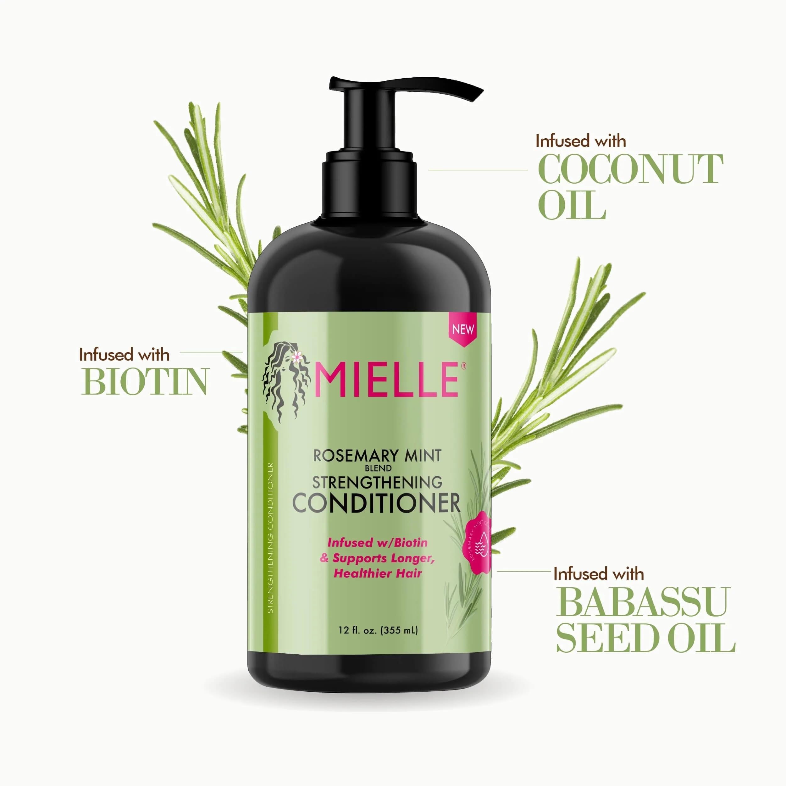 Mielle Rosemary Mint Biotin in hair care supports strong-looking strands.
