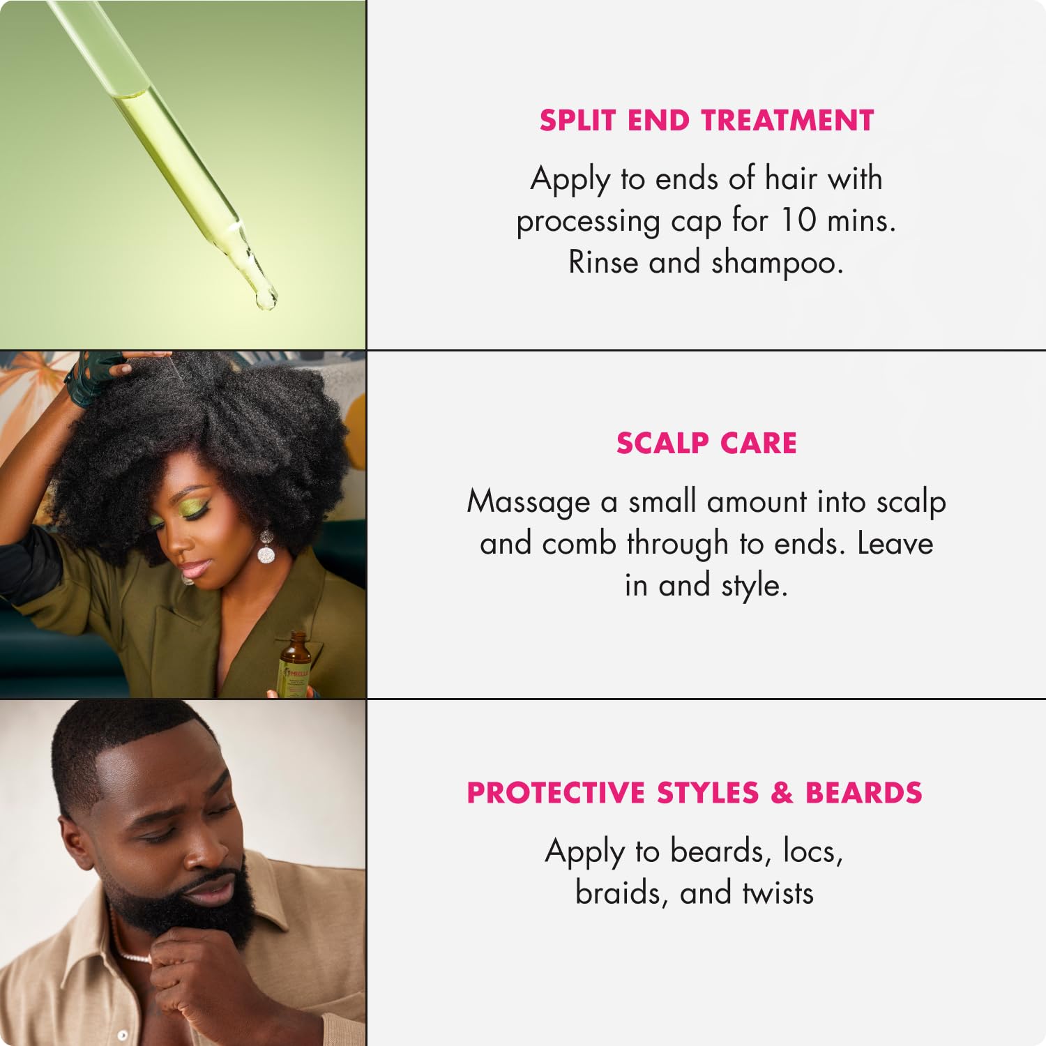 Mielle Organics smoothed on hair ends showing split-end coverage and shine