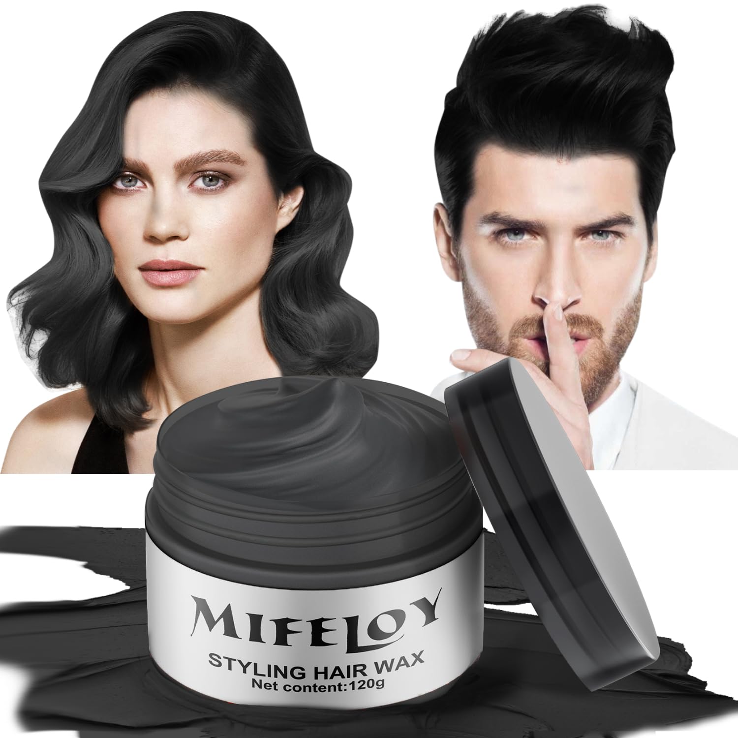Mifeloy black temporary hair color wax packaging for quick party looks.