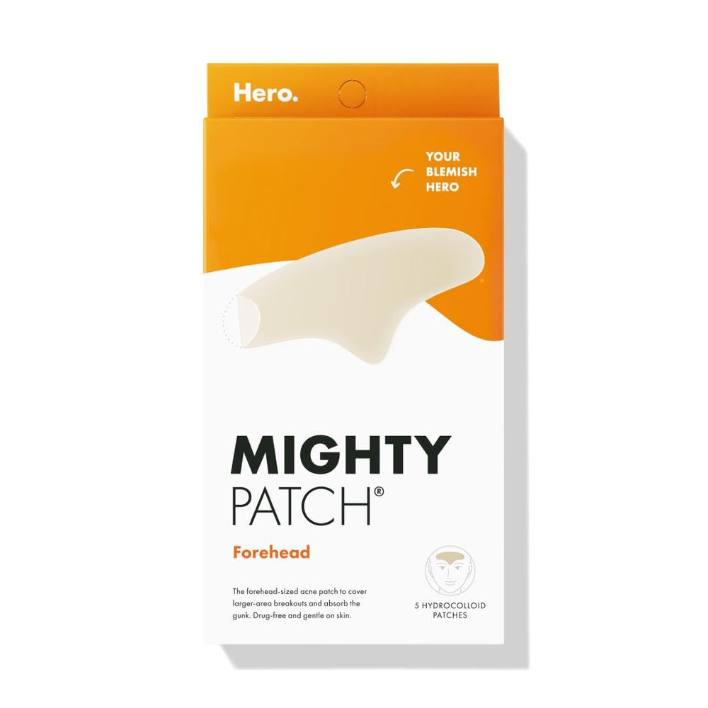 Mighty Patch Forehead patch on forehead with XL coverage for larger breakouts overnight.