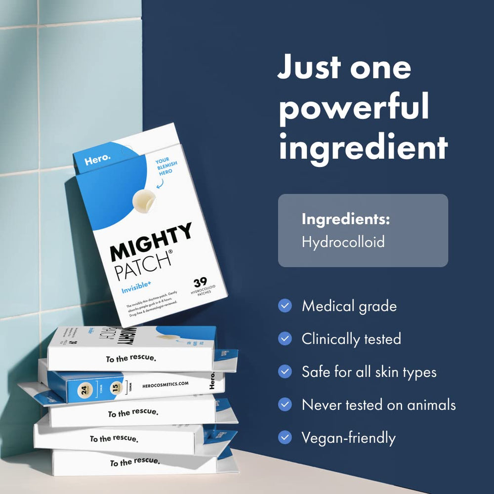 Mighty Patch Invisible+ medium-sheet patch layout shown with easy-peel perforations.