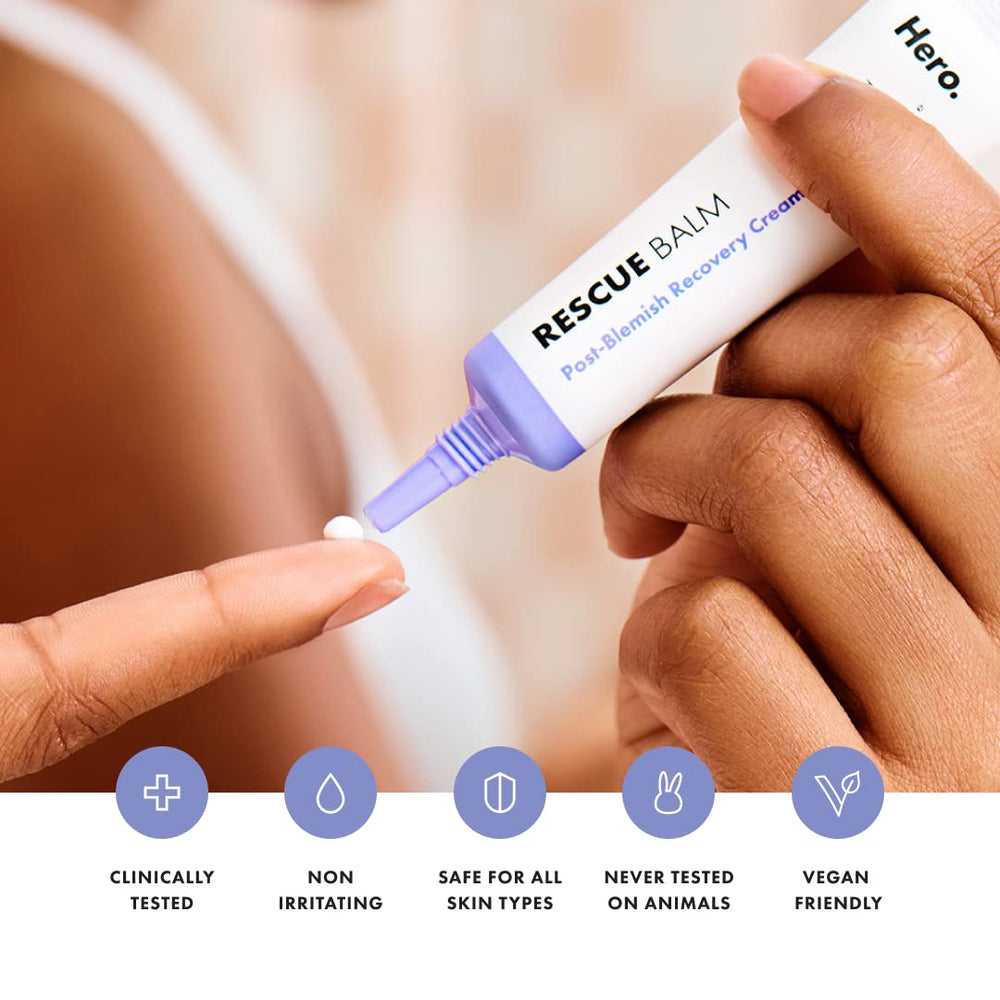 Mighty Patch Rescue Balm after-blemish application emphasizes quick absorption and soothing relief.