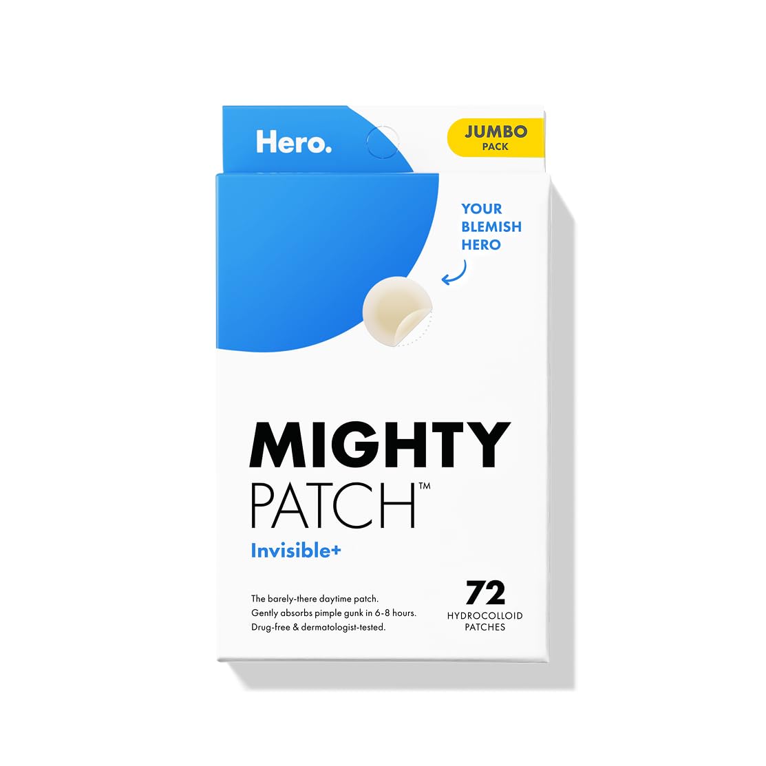 Mighty Patch Invisible+ day-time patch on face blends into skin for discreet daytime wear.
