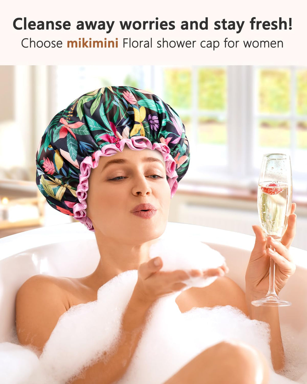 mikimini travel-friendly shower cap in bathroom setup, ideal for trips and spa