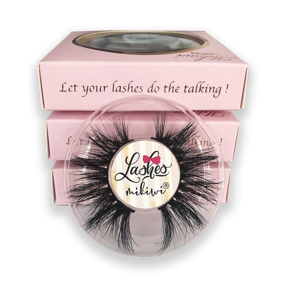 Mikiwi mink lashes D384-3 pack-front display for dramatic evening style