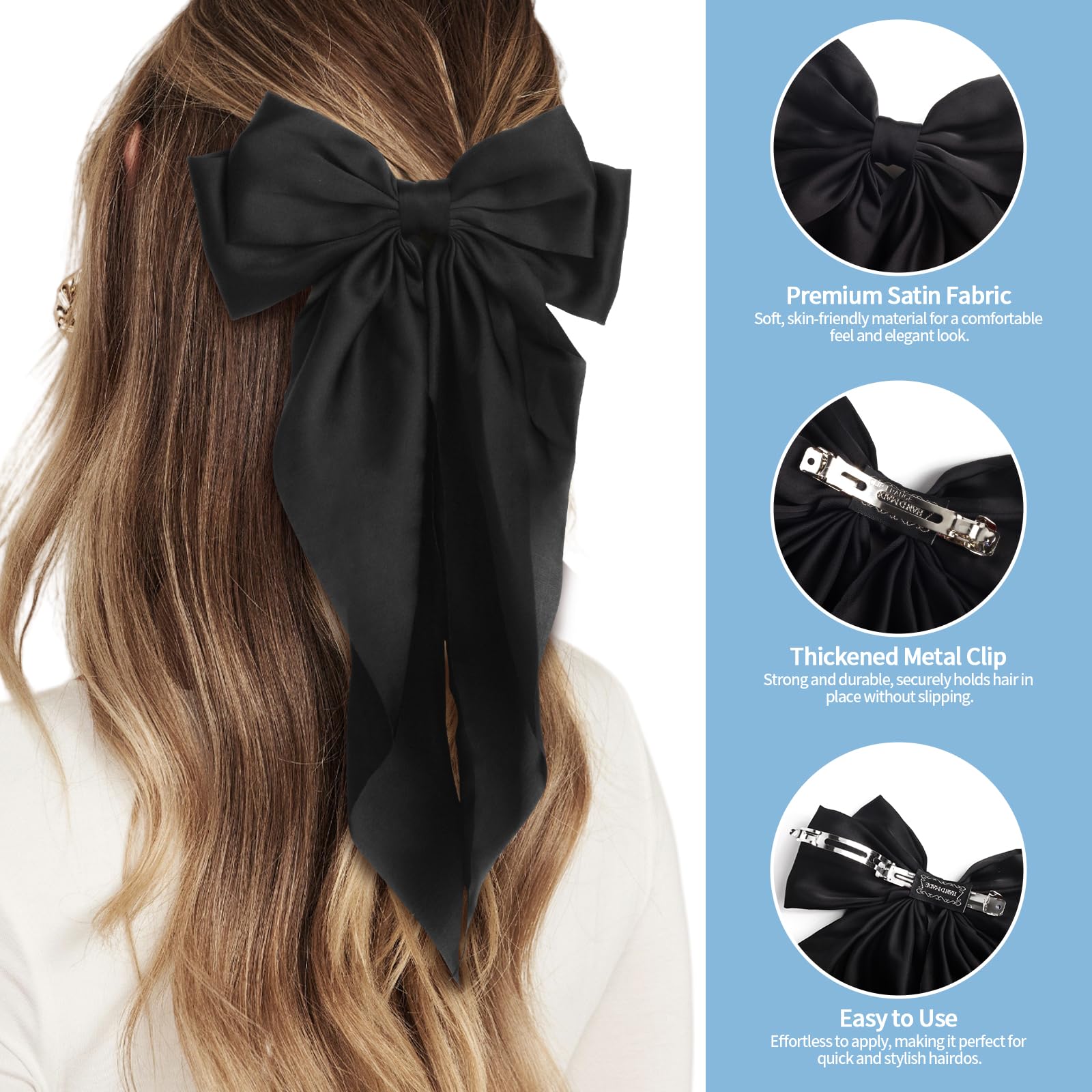 MIKONIKO satin bow close-up highlights glossy finish