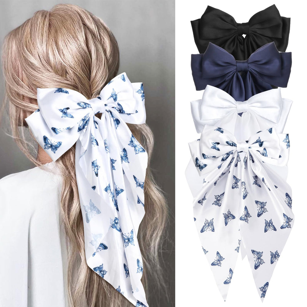 MIKONIKO silky satin hair bow in white with long tail, daily wear charm