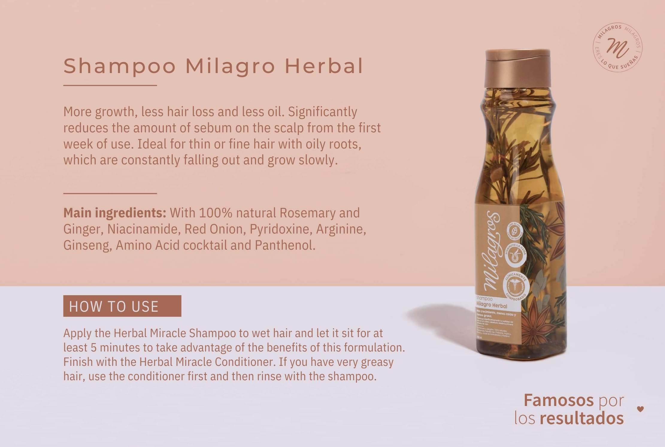 Milagros ginger shampoo lather reveals vibrant strands and improved resilience.