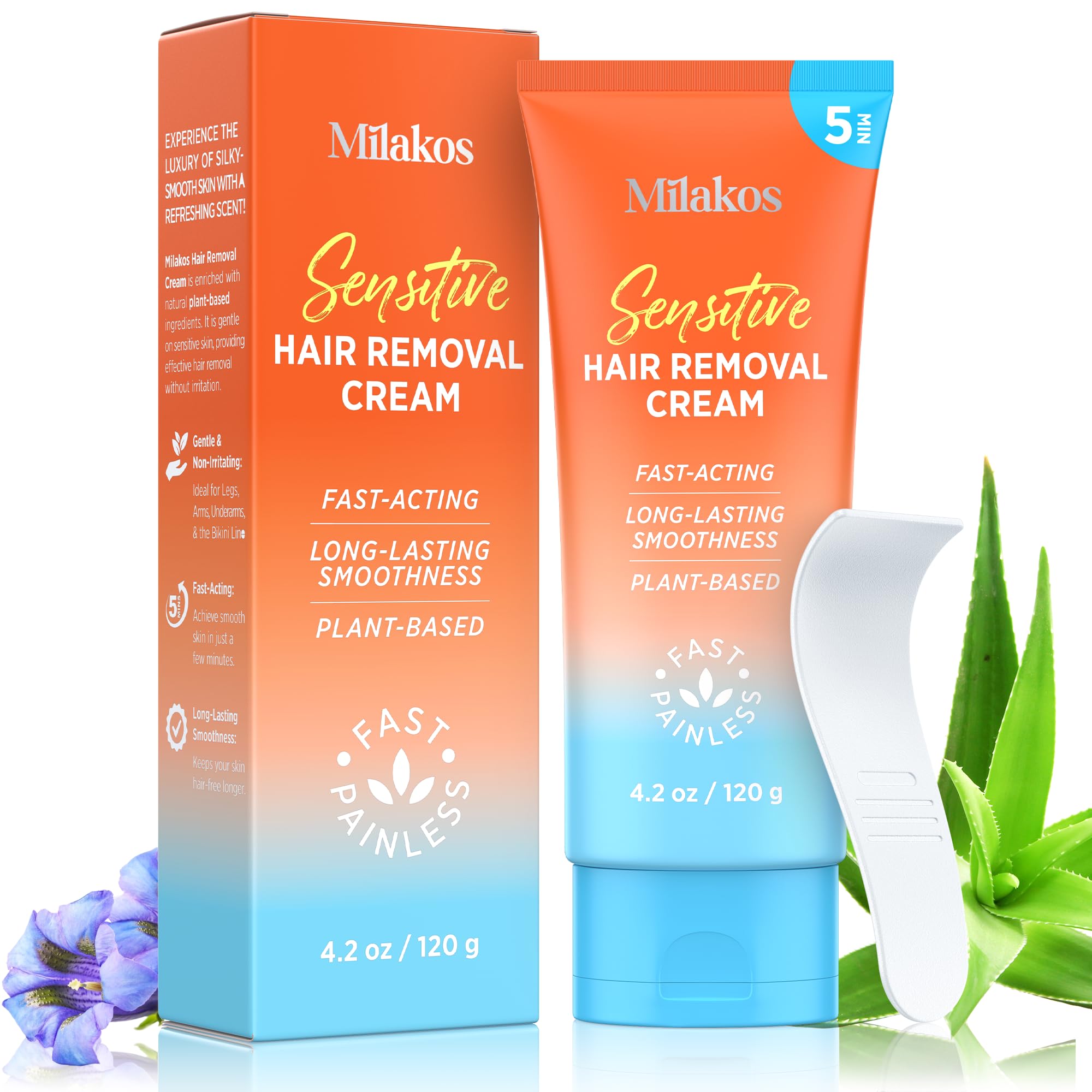 Milakos hair removal cream bottle demonstrates quick, painless depilation at home.