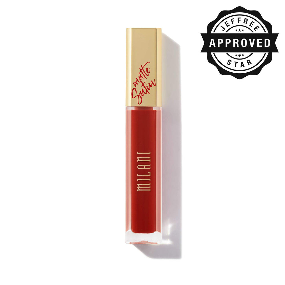 Milani Amore Satin Matte Lip Crème bottle close-up shows creamy texture and full matte finish