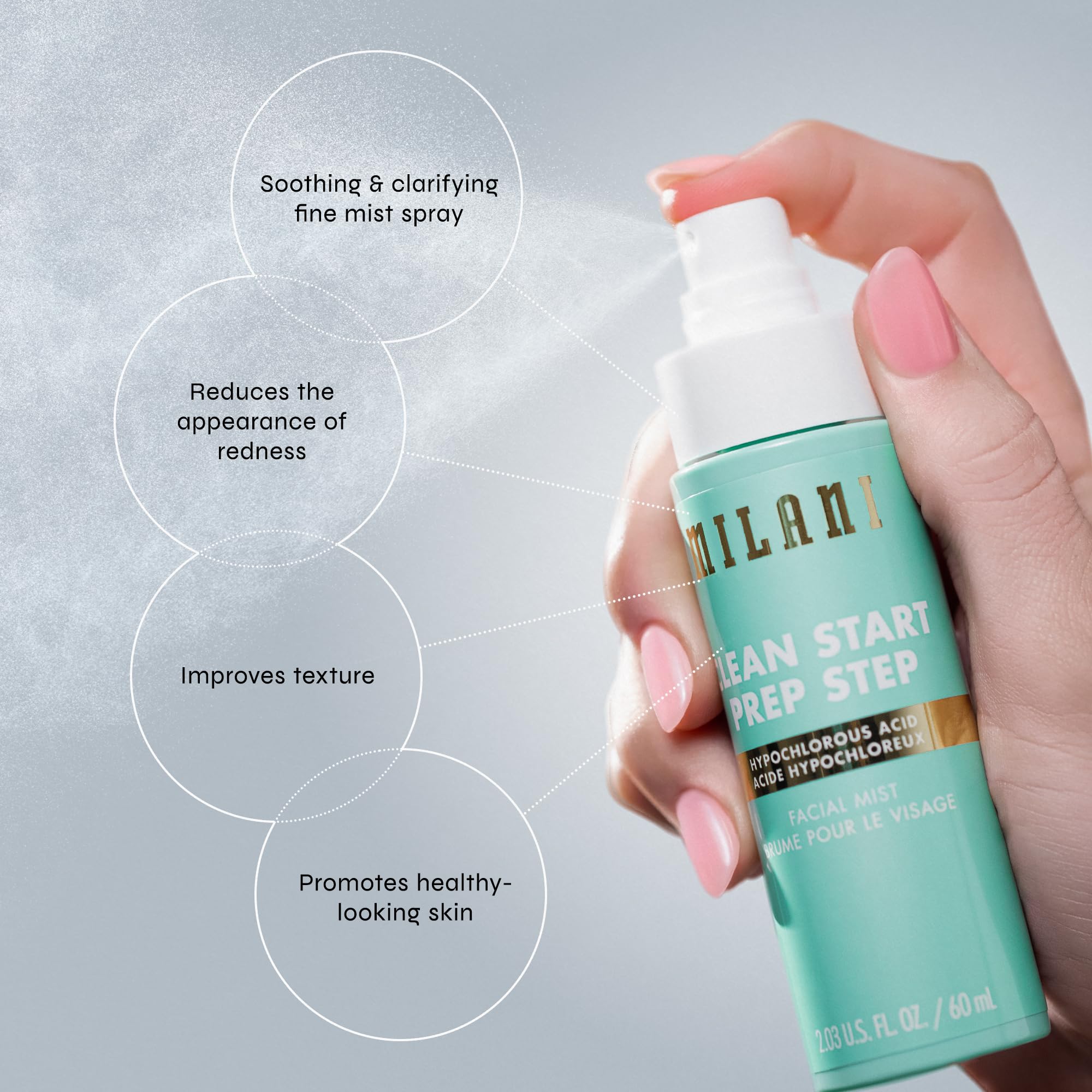 Milani Clean Start electrolyte-infused formula highlights moisture retention.