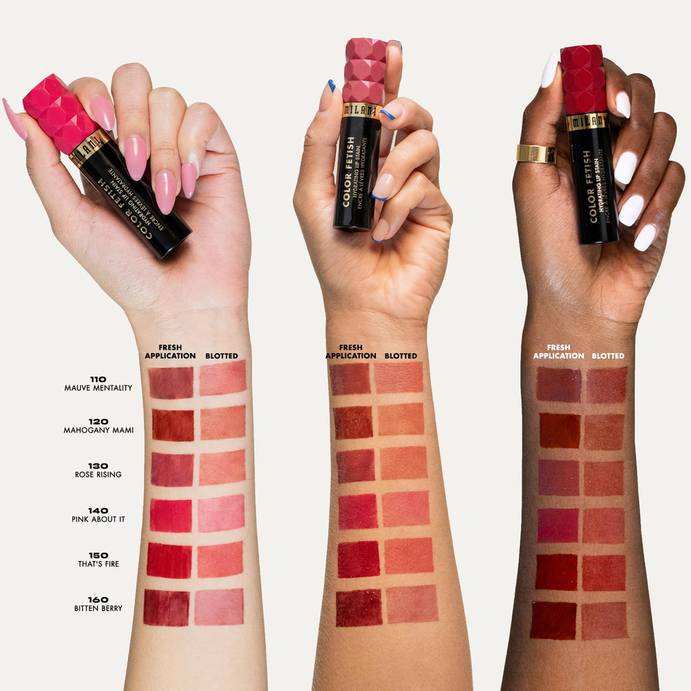 Milani Color Fetish Lip Stain 120 Mahogany Mami closeup lips show glossy-to-semi-matte transition.
