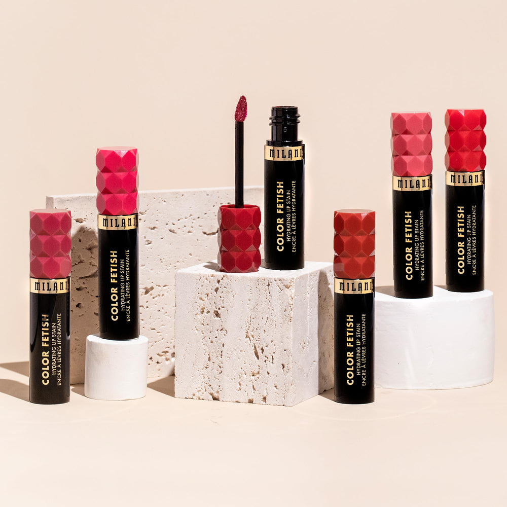 Milani Color Fetish Lip Stain 120 Mahogany Mami semi-matte finish after blot for balanced look.