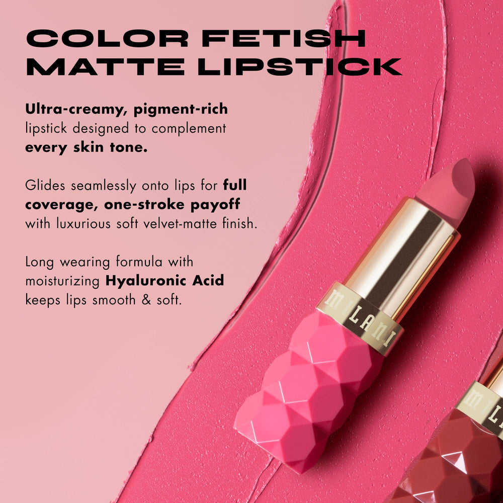 Milani Color Fetish Matte Lipstick Blossom closeup shows creamy velvet texture for easy wear