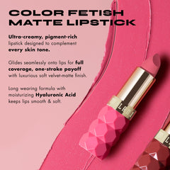 Milani Color Fetish Matte Lipstick Blossom closeup shows creamy velvet texture for easy wear
