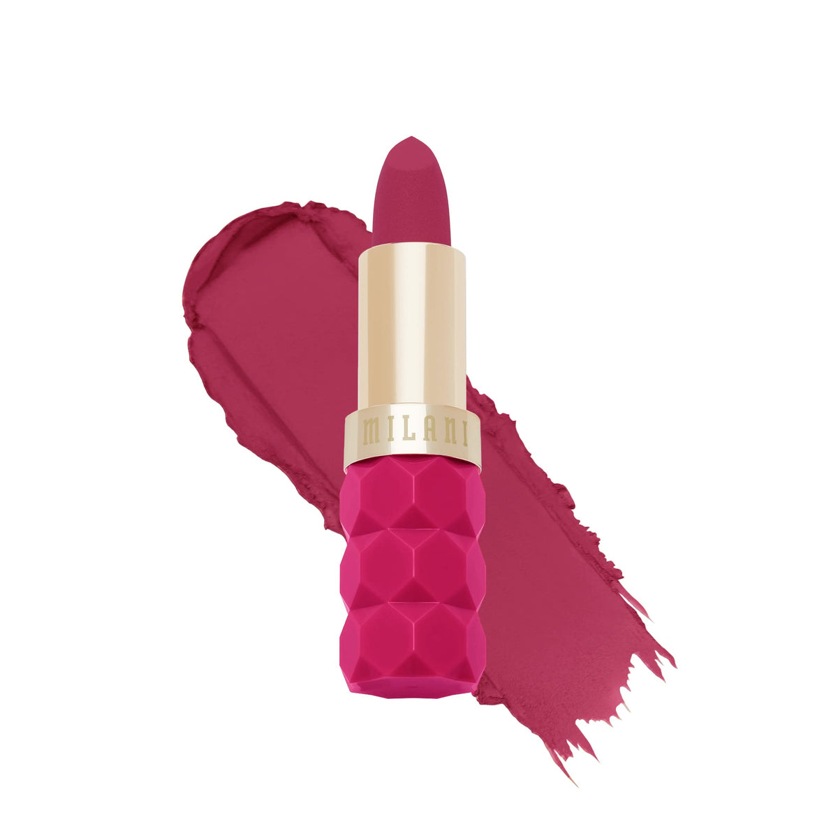 Milani Color Fetish Matte Lipstick Blossom swatch shows rich color payoff and velvet finish