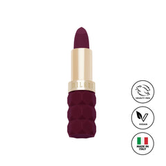 Milani Color Fetish Matte Lipstick Dahlia on lips for bold, pigment-rich color