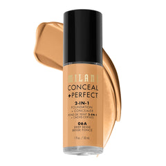 Milani Conceal + Perfect bottle close-up showing long-wear 2-in-1 coverage.